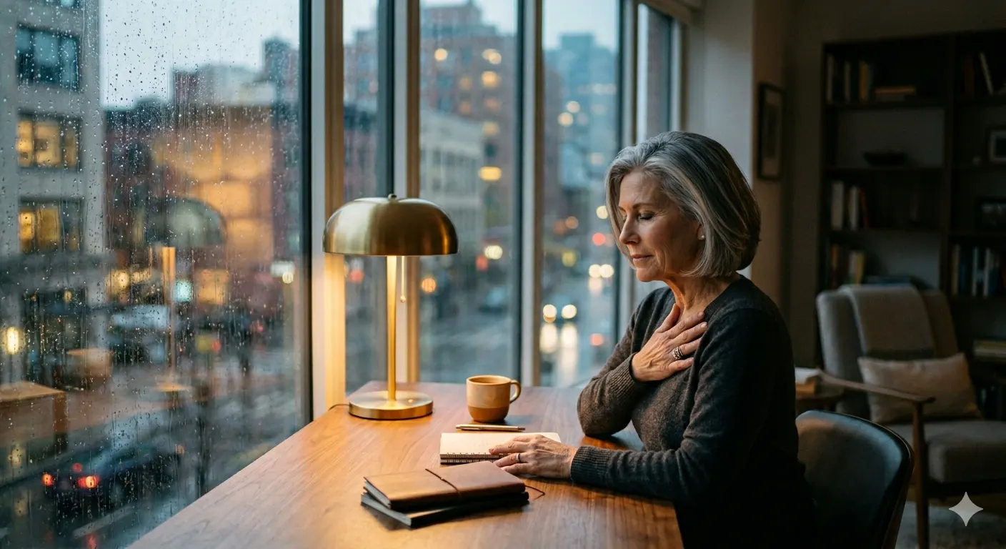 A woman in quiet reflection by a rainy city window